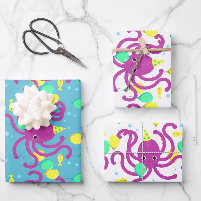 Under the sea Invitation, Octopus Birthday Wrapping Paper Sheets (Front)