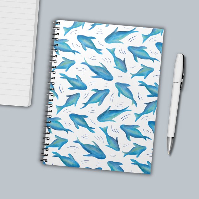 Under the Sea kids ocean fish shark Notebook (Blue and white swimming fish under the sea notebook)