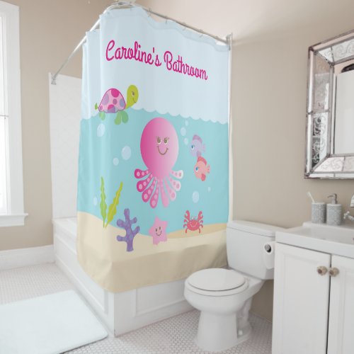 Under the Sea Kids Pink Girls Bathroom Shower Curtain