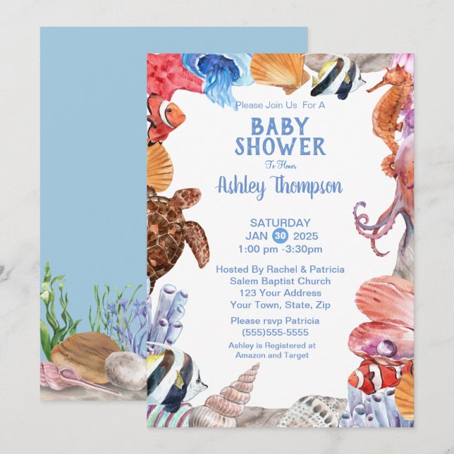 Under the Sea Life Blue Baby Shower Invitation (Front/Back)