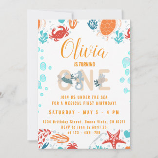 Under the Sea Little Girl One Birthday Invitations