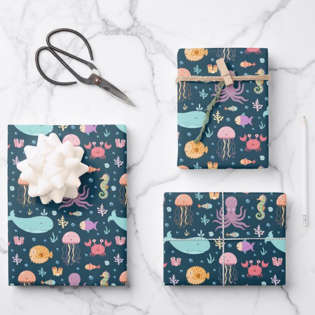 Under the Sea Marine Animals Swimming in the Ocean Wrapping Paper Sheets (Front)