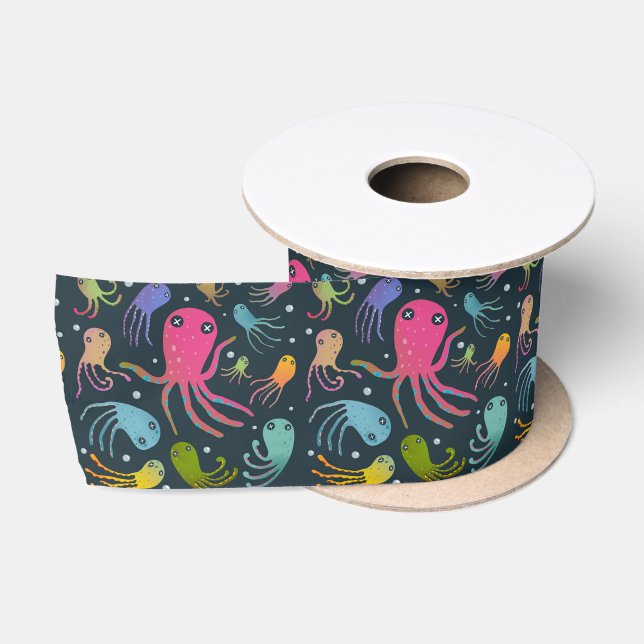 Under the Sea Marine Life Cartoon Dark Background  Satin Ribbon (Spool)