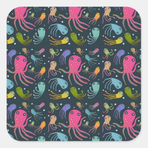 Under the Sea Marine Life Cartoon Dark Background  Square Sticker