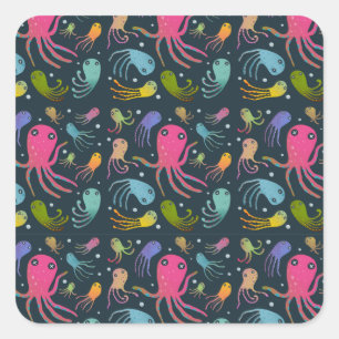 Under the Sea Marine Life Cartoon Dark Background Square Sticker
