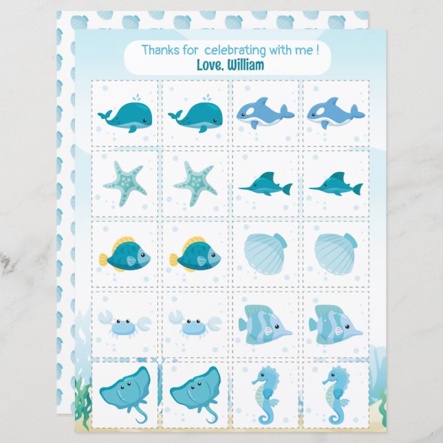 Under the sea memory game party favor (Front/Back)