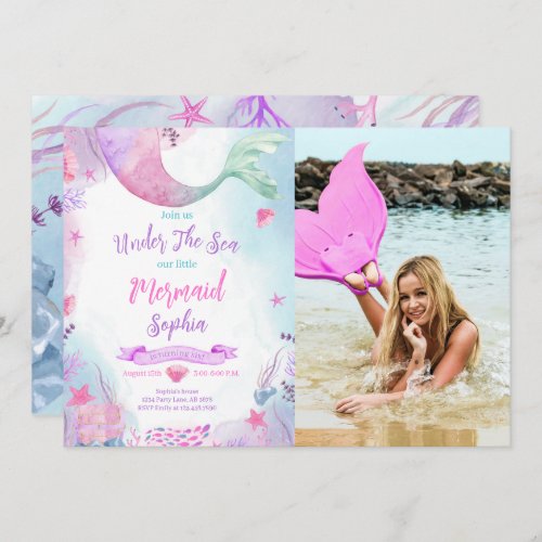 Under The Sea Mermaid 1st Birthday Photo Invitation