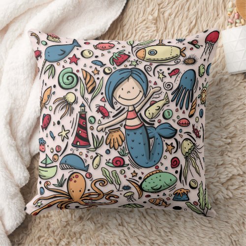 Under the Sea Mermaid and Animals Illustrated Throw Pillow