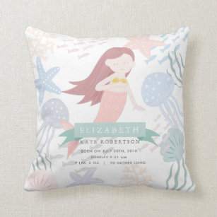 Under the Sea Mermaid Baby Birth Stats Throw Pillow