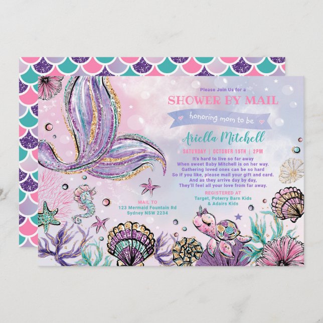Under the Sea Mermaid Baby Shower By Mail Invitation (Front/Back)