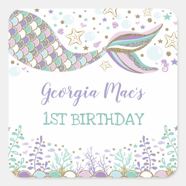 Under the Sea Mermaid Birthday Favor Beach Baby Square Sticker (Front)