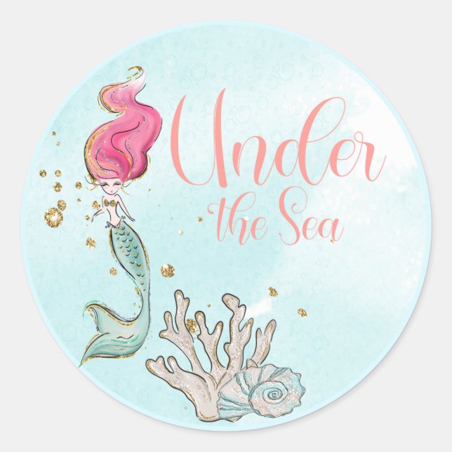 Under the Sea Mermaid Birthday Favor Classic Round Sticker (Front)