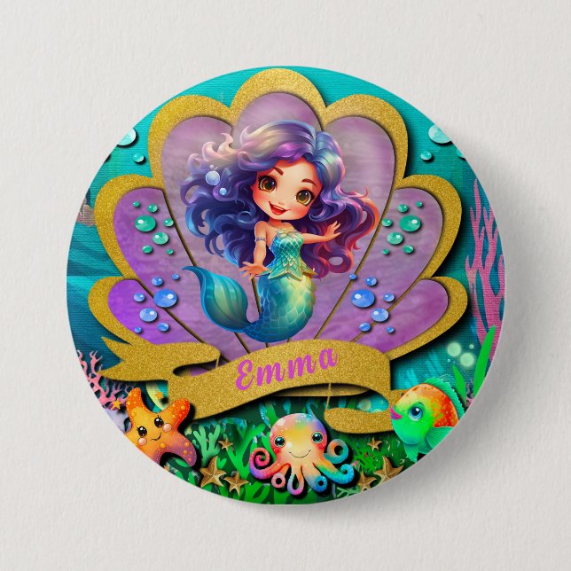 Under The Sea & Mermaid Birthday Girl Party Button (Front)
