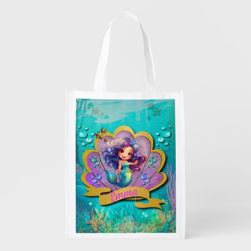 Under The Sea  Mermaid Birthday Girl Party Grocery Bag