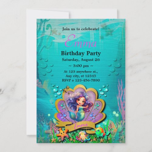 Under The Sea  Mermaid Birthday Girl Party Invitation