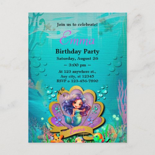 Under The Sea  Mermaid Birthday Girl Party Invitation Postcard