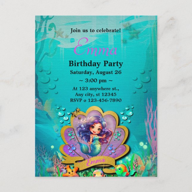 Under The Sea & Mermaid Birthday Girl Party Invitation Postcard (Front)
