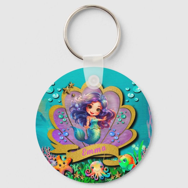 Under The Sea & Mermaid Birthday Girl Party Keychain (Front)