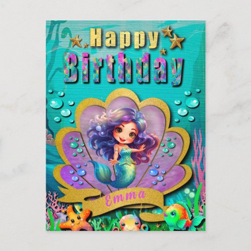 Under The Sea  Mermaid Birthday Girl Party Postcard