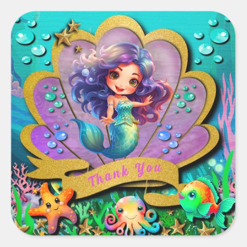 Under The Sea  Mermaid Birthday Girl Party Square Sticker