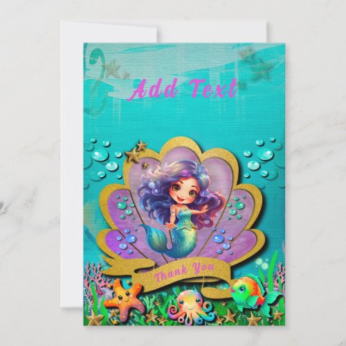 Under The Sea  Mermaid Birthday Girl Party Thank You Card