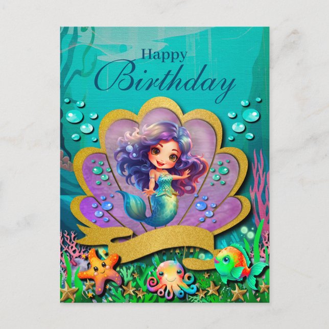 Under The Sea & Mermaid Birthday Holiday Postcard (Front)
