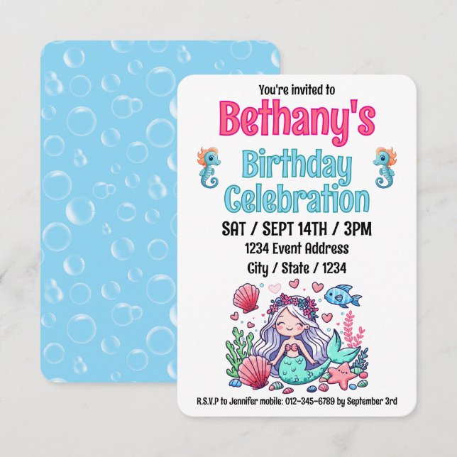 Under The Sea Mermaid Birthday Invitation (Front/Back)