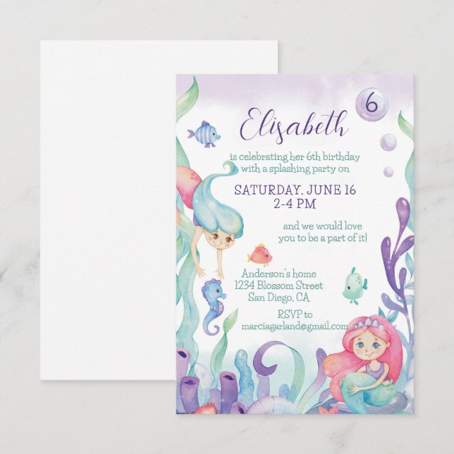 Under the Sea Mermaid Birthday Invitation (Front/Back)