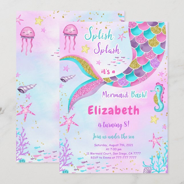 Under The Sea Mermaid Birthday Invitation (Front/Back)