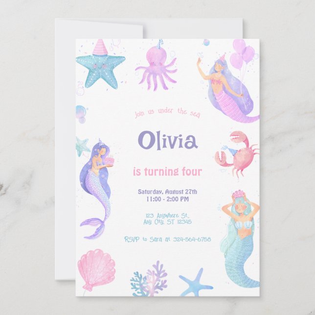 Under the Sea Mermaid Birthday  Invitation (Front)