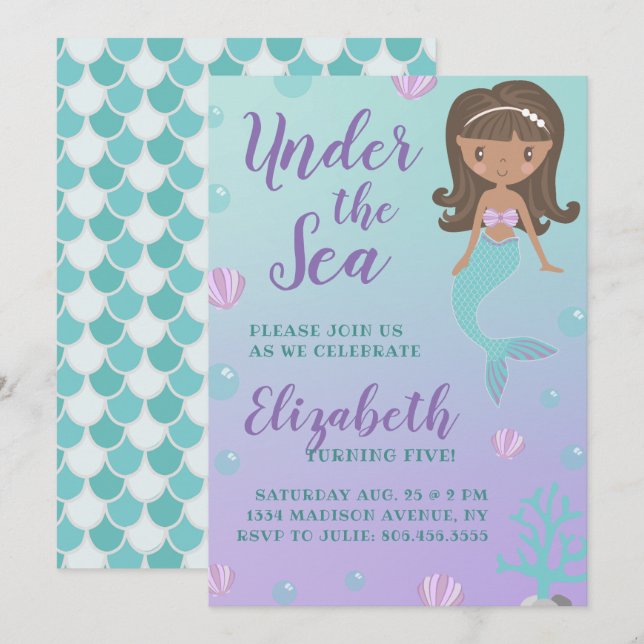 "Under the Sea" Mermaid Birthday Invitation (Front/Back)
