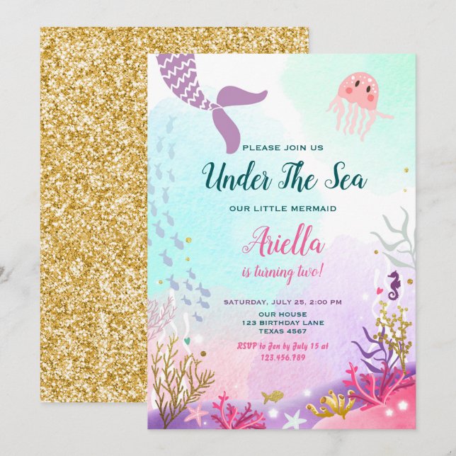 Under the Sea Mermaid Birthday Invitation Purple (Front/Back)
