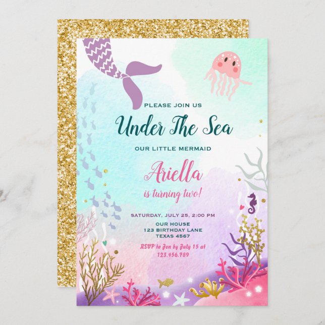 Under the Sea Mermaid Birthday Invitation Purple (Front/Back)