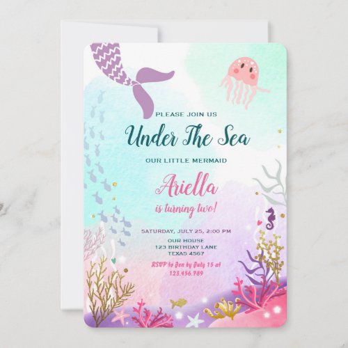 Under the Sea Mermaid Birthday Invitation Purple