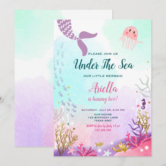 Under the Sea Mermaid Birthday Invitation Purple (Front/Back)
