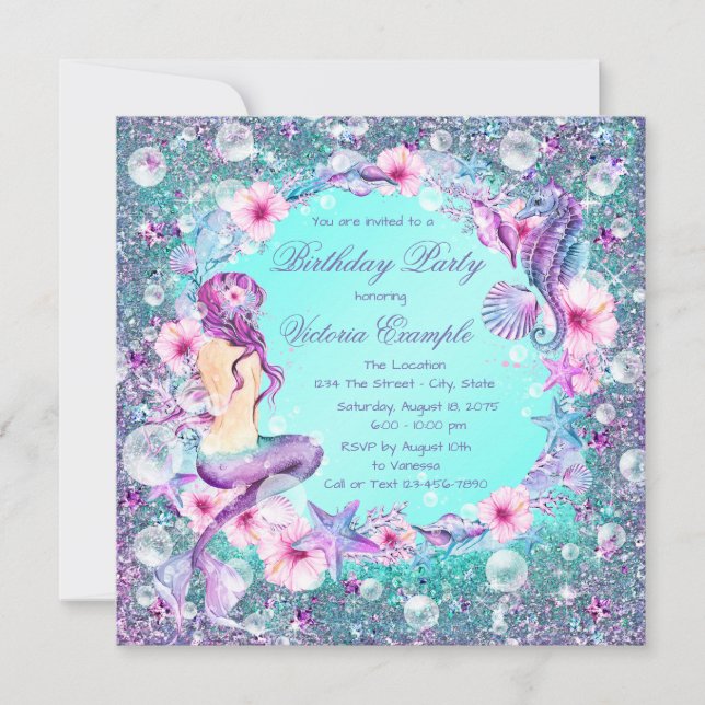 Under the Sea Mermaid Birthday Invitations (Front)