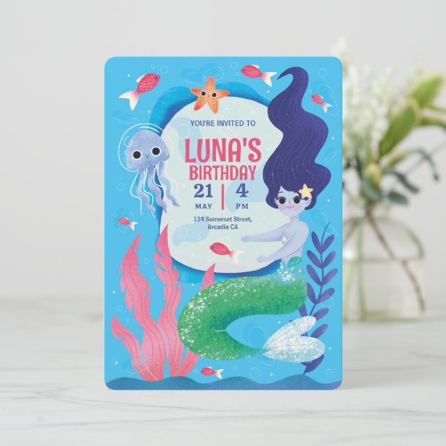 Under the Sea Mermaid Birthday Invite, Mermaid  Invitation (Standing Front)