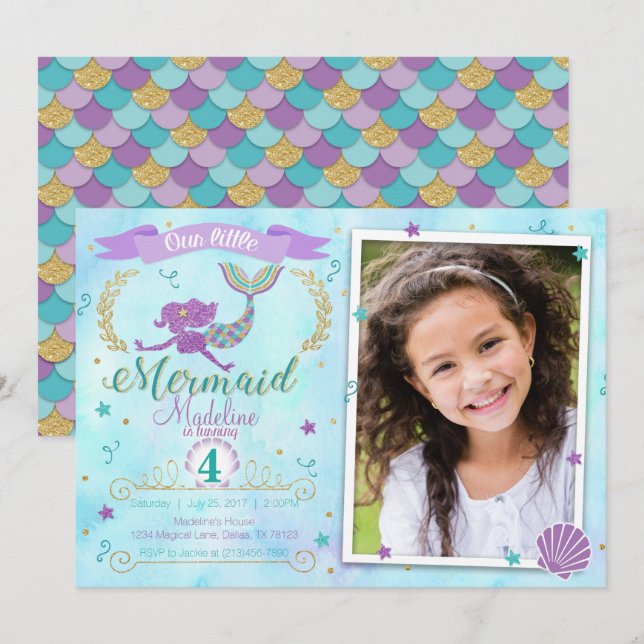 Under the Sea Mermaid Birthday Party Invitation (Front/Back)