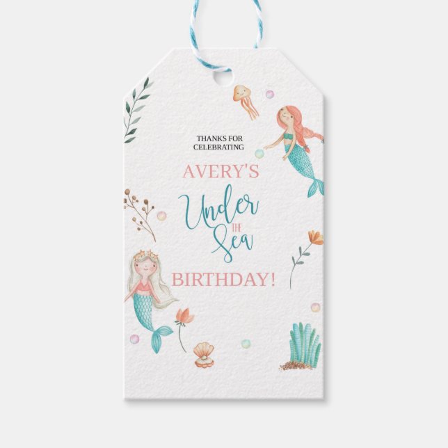 UNDER THE SEA, MERMAID BIRTHDAY,WATERCOLOR MERMAID GIFT TAGS (Front)