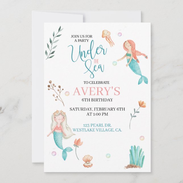 UNDER THE SEA, MERMAID BIRTHDAY,WATERCOLOR MERMAID INVITATION (Front)