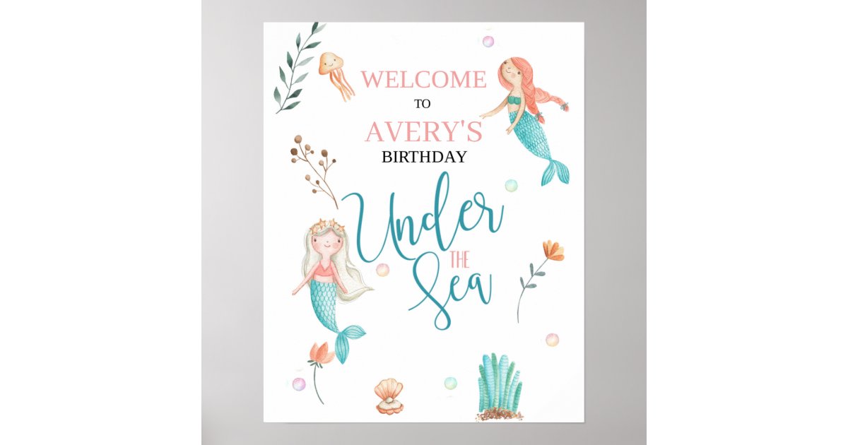UNDER THE SEA, MERMAID BIRTHDAY,WATERCOLOR MERMAID POSTER | Zazzle
