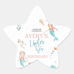 UNDER THE SEA, MERMAID BIRTHDAY,WATERCOLOR MERMAID STAR STICKER