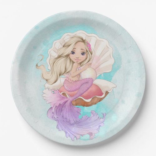 Under the Sea Mermaid Blonde in Oyster Shell  Paper Plates