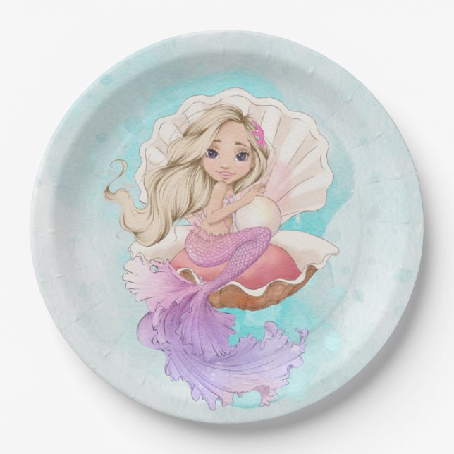 Under the Sea Mermaid (Blonde) in Oyster Shell  Paper Plates (Front)