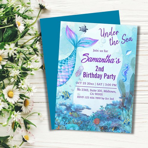 Under the sea mermaid blue  purple 2nd birthday invitation