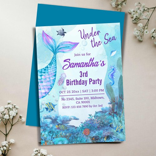 Under the sea mermaid blue  purple 3rd birthday invitation