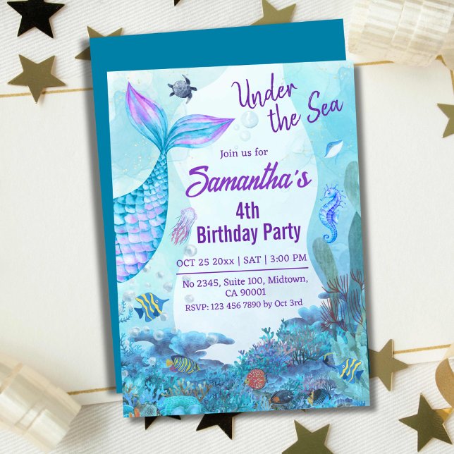 Under the sea mermaid blue & purple 4th birthday invitation (Creator Uploaded)