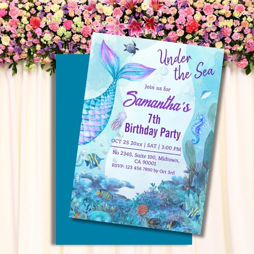 Under the sea mermaid blue  purple 7th birthday  invitation