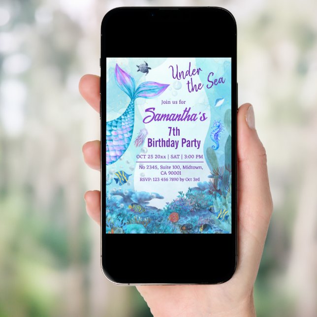 Under the sea mermaid blue & purple 7th birthday  invitation (Front Digital)
