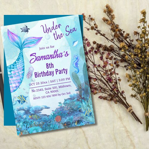 Under the sea mermaid blue  purple 8th birthday invitation